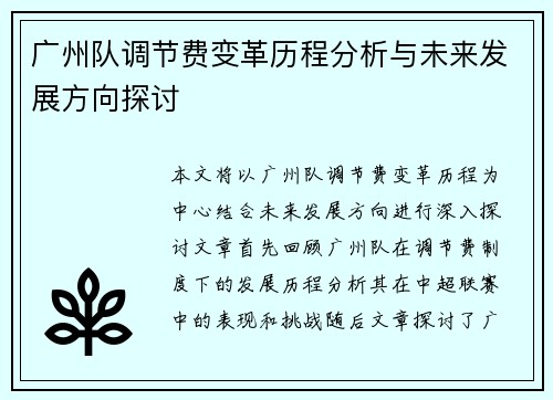 广州队调节费变革历程分析与未来发展方向探讨